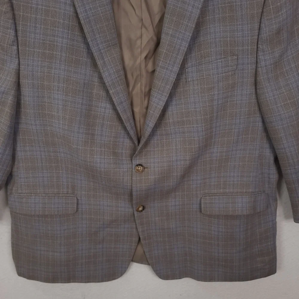 Lauren Ralph Lauren Blazer Mens 50R Tan Blue Plaid Silk Wool Sport Coat Jacket